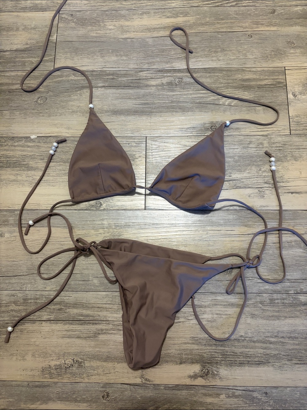 Sienna Swim Tulum Tie Triangle Bikini Set with Beads in Mocha -